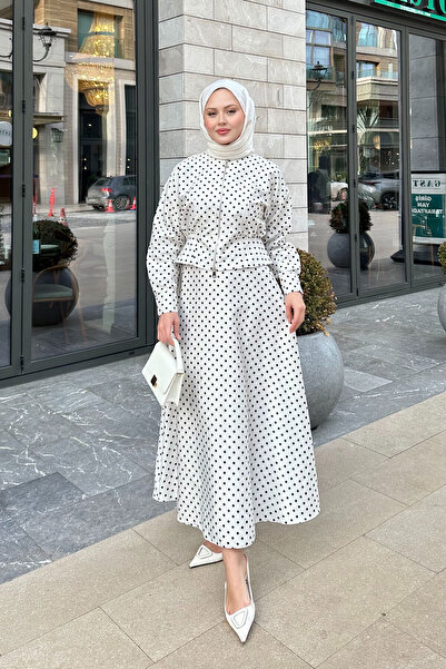 LOCCO Women's Polka Dot Zippered Skirt Suit White