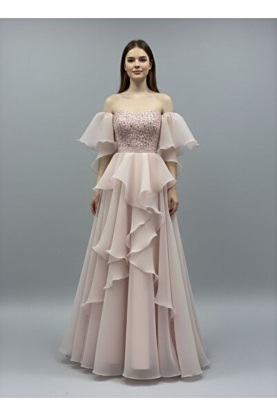 Tangül&Ali'S Moda Evi Mayo Yaka İşlemeli Pembe Volan Kollu Maxi Elbise