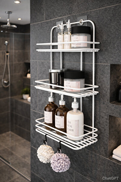 EVA METAL TASARIM Ömür Boyu Paslanmaz Yapışkanlı Düz Banyo Düzenleyici Şampuanlık Duş Rafı Beyaz 2 Adet Lif Kancalı
