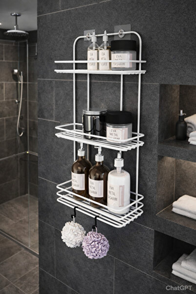 EVA METAL TASARIM Ömür Boyu Paslanmaz Yapışkanlı Düz Banyo Düzenleyici Şampuanlık Duş Rafı Beyaz 2 Adet Lif Kancalı