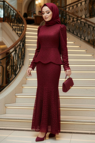 N.S NEVA STYLE Lace Burgundy Hijab Evening Dress 55521Br