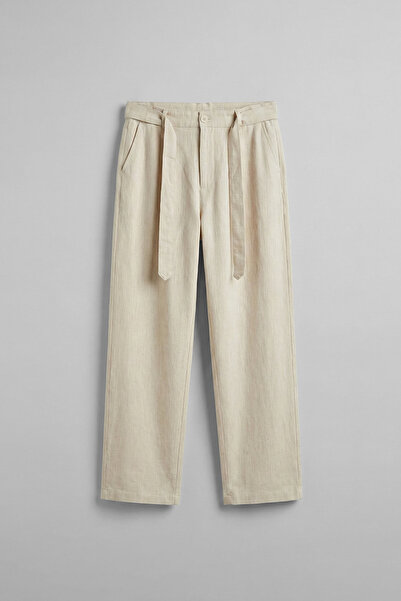 ablukaonline Men's Baggy Belted Elastic Waist Cotton Trousers Beige