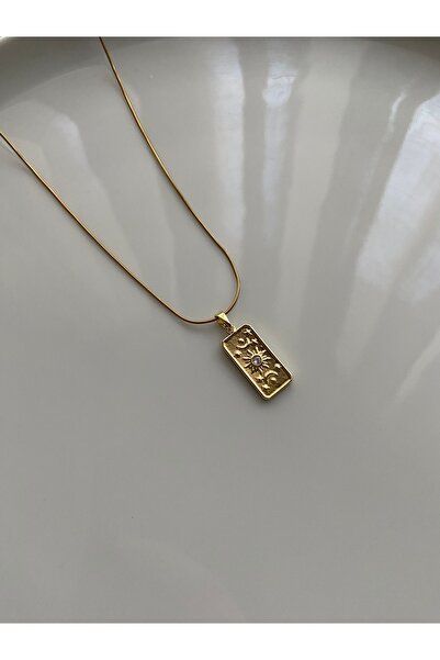 Anetta Jewelry Kadın altın renk güneş dikdörtgen plaka çelik kolye