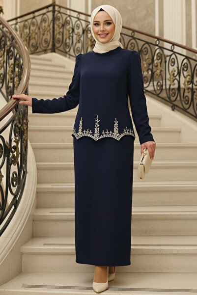 N.S NEVA STYLE Beaded Detailed Navy Blue Hijab Evening Dress 54191L