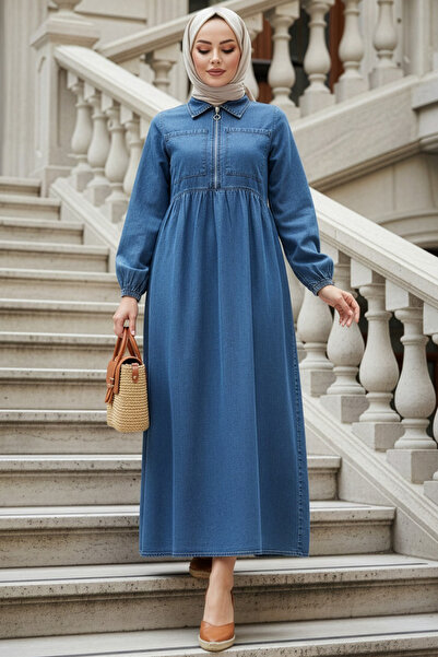 N.S NEVA STYLE Pocket Detailed Dark Blue Hijab Denim Dress 19152Km