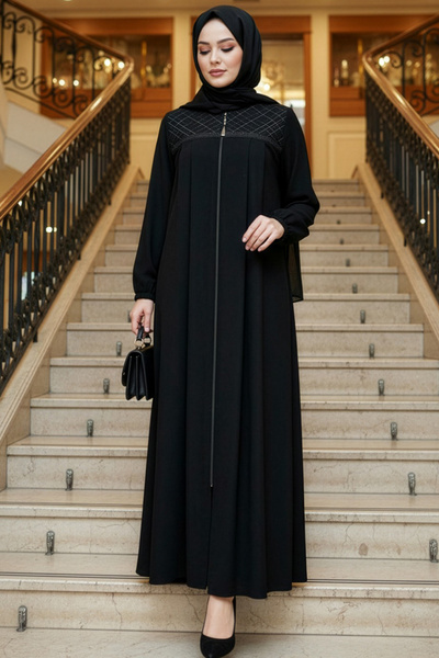 N.S NEVA STYLE Zippered Black Hijab Robe 45313S