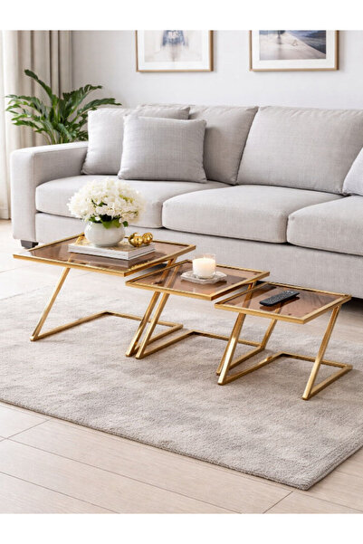 unbranded CENTER COFFEE TABLE SQUIRE SHAPE GOLDEN FRAME SET OF 3 PCS