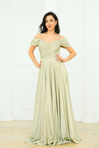 BEYBOS Glitter Crepe Fabric Gathered Strap Evening Dress - Gold