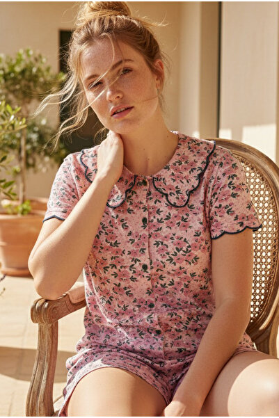Siyah İnci Powder Pink Floral Patterned Collared Buttoned Ribbed Camisole Kni...