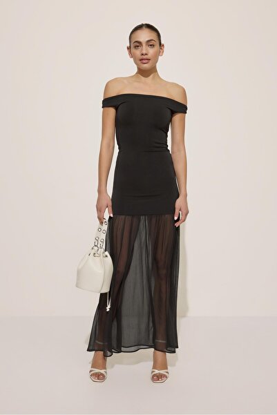 Stradivarius Two-material midi dress with boat neck