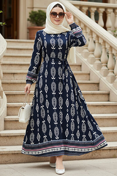 N.S NEVA STYLE Patterned Navy Blue Hijab Dress 24085L