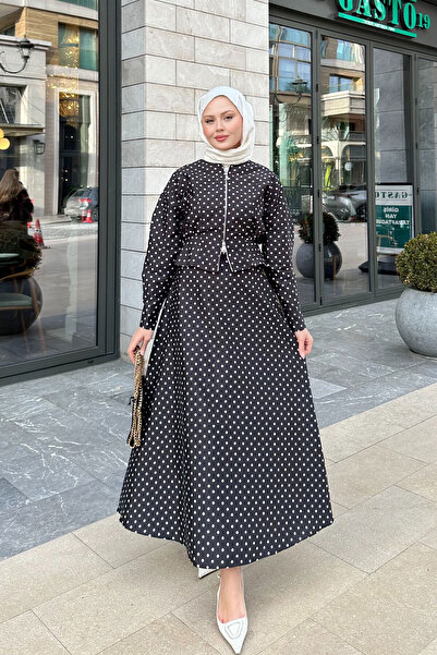 LOCCO Kadın Puantiyeli Fermuarlı Etekli Takım Siyah