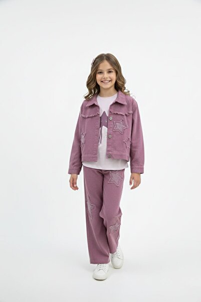 Cansın Mini Dusty Rose Stone Star Embroidered Jean Jacket and 3-Piece Pants G...