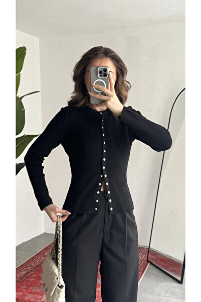 asfamoda Women's Black Ribbed Knitwear Cardigan with Snap Fasteners Slim Fit ...