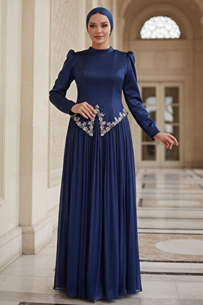 N.S NEVA STYLE - Beaded Detailed Navy Blue Hijab Evening Dress 55141L