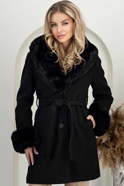StarShinerS Black fabric coat with removable eco-friendly fur