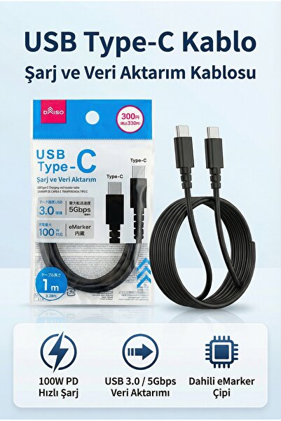 Type-C to Type-C Hızlı Şarj Veri Aktarım Kablosu 100W PD Desteği USB 3.0 (5Gbps) eMarker Çipli