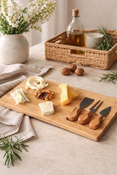 Anadolu Saray Brown Bamboo 4-Piece Cheese Presentation Board and Knife Set Ch...