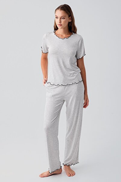 Artış Short Sleeve Ruffle Detailed Comfortable Flexible Viscose Pajama Set