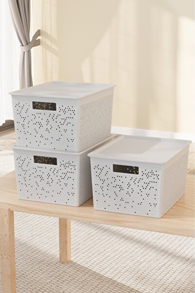 Bayev Grid White 3 Pieces 20 Liter Organizer Box with Lid - In-Cabinet Organi...