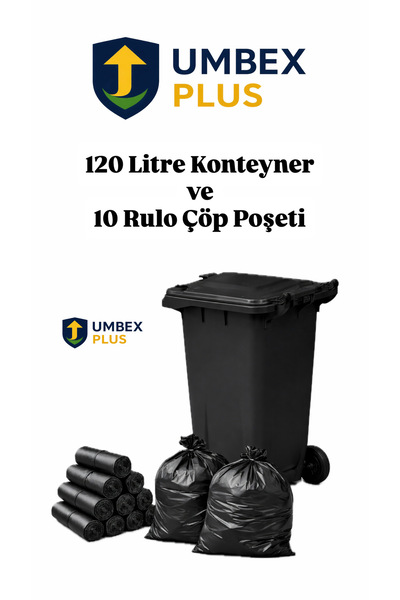 UMBEX PLUS Metal Pedallı Çöp Konteyneri 120 Litre Konteyner ve 10 Adet Çöp Po...