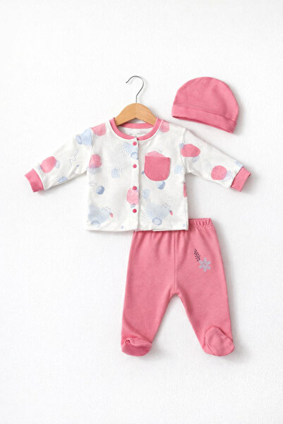 Aziz Bebe Baby Girl 3-Piece Set – Patterned Pocketed Top, Booties, and Hat