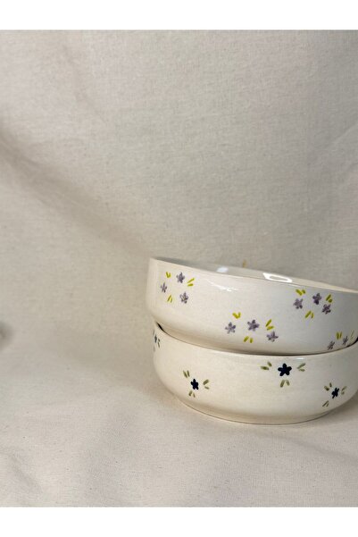 handmadeproducts El Yapımı Minimalist Çiçek Desenli Seramik Servis Kasesi – K...