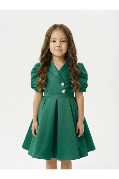 She Dress By Kubra Aksoy Girl's Green Double-Breasted Collar Balloon Bow Slee...