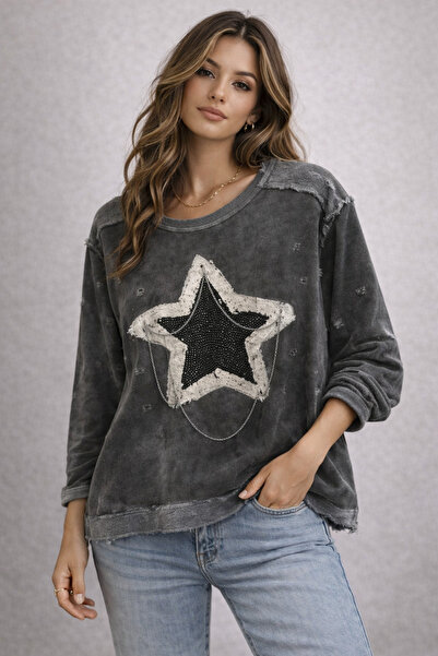Erimeks KADIN YILDIZ TAŞ BASKI VE ZİNCİR DETAYLI SWEATSHIRT