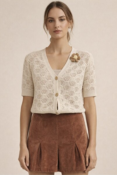 FERHEL Openwork Buttoned Floral Rosette Knitwear Cardigan - Stone