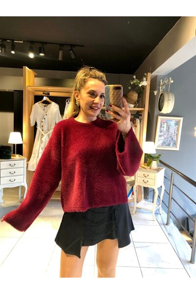Gözde Tasarım Butik Women's Burgundy Color Circular Neck Loose Soft Sweater
