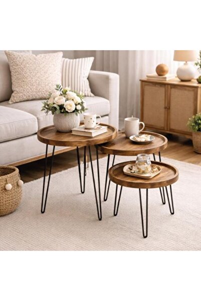 Generic Round Side Table Set with Natural Wood and Black Metal Legs