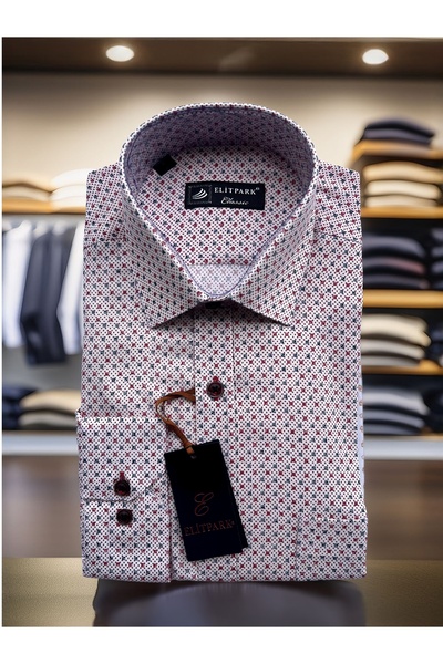 elitpark Kare-Nokta Desenli Pamuklu Bordo Erkek Gömlek