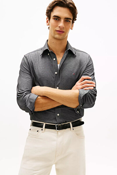 Tommy Hilfiger قميص بيكيه أكسفورد للرجال - أسود