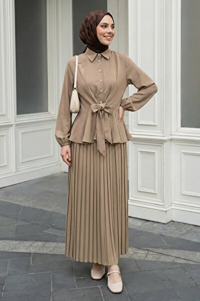 InStyle Stone Suit with Pleated Skirt