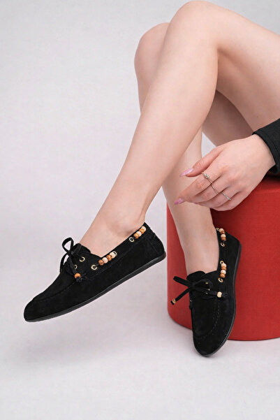 STOCON Women's Black Calf Suede Bead Detailed Loafer Daily Use Shoes Stc1240