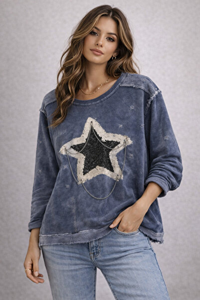 Erimeks KADIN YILDIZ TAŞ BASKI VE ZİNCİR DETAYLI SWEATSHIRT