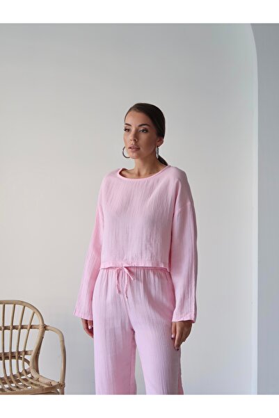 Paw Garage Women's Trendy Muslin Fabric Long Sleeve Crop Pants Set