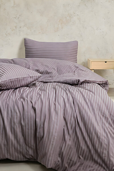 Nart Home طقم غطاء لحاف مخطط من القطن الساتان 210 TC (83 خيط) باللون البرقوقي