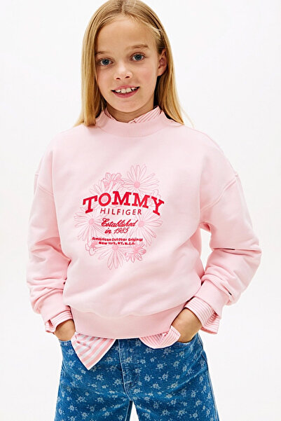 Tommy Hilfiger Kız Çocuk Tommy Flock Flower Bisiklet Yaka Sweatshirt - Pembe
