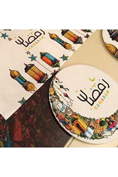Generica Ramadan Runner Tablecloth with 6 Wooden Coasters and Washable Fabric