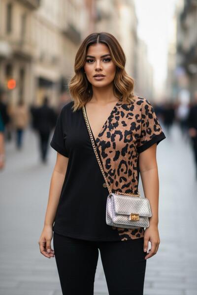 Mossta Leopard Patterned Asymmetrical Button Detailed V-Neck Viscose Blouse -...