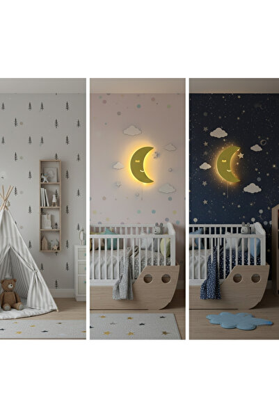 eysera Çocuk Odası Dekoratif Ahşap Gece Lambası Ledli Aydınlatma, Ay Temalı