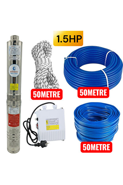 hürsu dalgıç&pompa 1.5HP 4/14 DALGIÇ POMPA+50METRE KABLO+50METRE HALAT+50 MET...