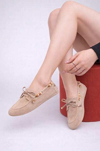 STOCON Women's Beige Calf Suede Bead Detailed Loafer Daily Use Shoes Stc1240