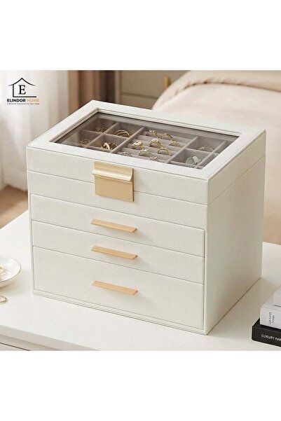 Elindor ® Jewelry Box with Lid, 4-Tier Organizer, 3x Drawer, Black -Leather, ...