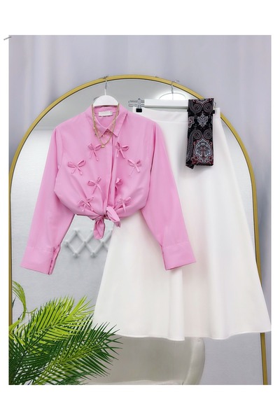 YEDİLALE Bow Detail Short Shirt Puff Scuba Flared Skirt Two-Piece Set [Exclud...