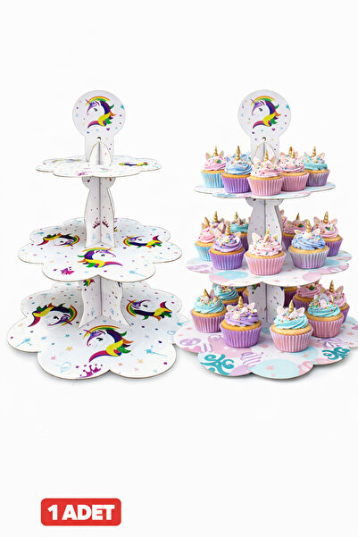 Baloncu Dede Unicorn Cupcake Standı 3 Katlı – Tek Boynuzlu At Temalı Kek ve C...
