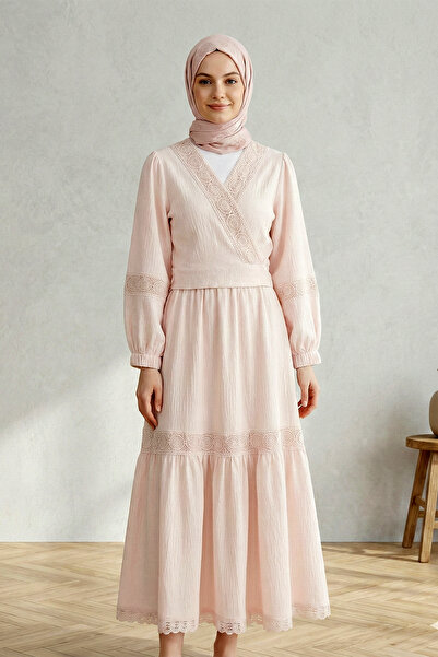 FERHEL Women's Lace Detailed Tie-Up Skirt Suit with Elastic Sleeves - Beige