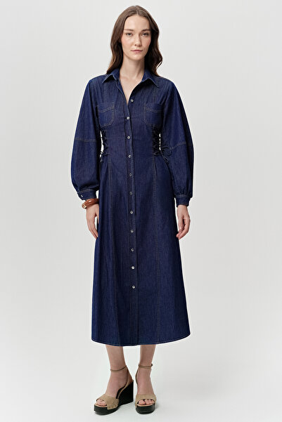 Exquise Regular Midi Dress with Side Ties and Long Sleeves and Buttons